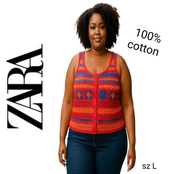 Zara Tops - Zara NEW Colorful Granny Square Crochet Cotton Lightweight Tank Top Grandmacore